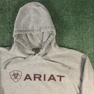 Ariat Hoodie Gray With Maroon LOGO Mens Medium Drawstring Stretch Waist